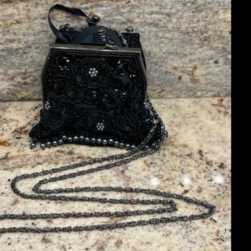 Mini-Purse: Black and Silver Beads, Black Sequins, & Gunmetal Gray Chain Strap